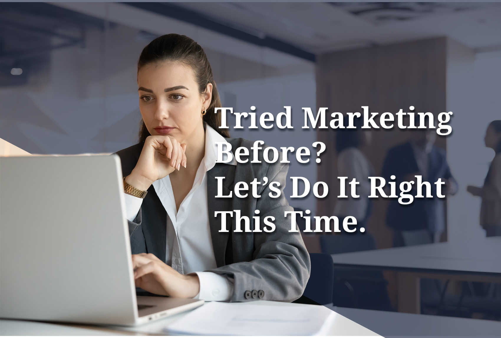 Lawyer looking at a marketing campaign dashboard with concern